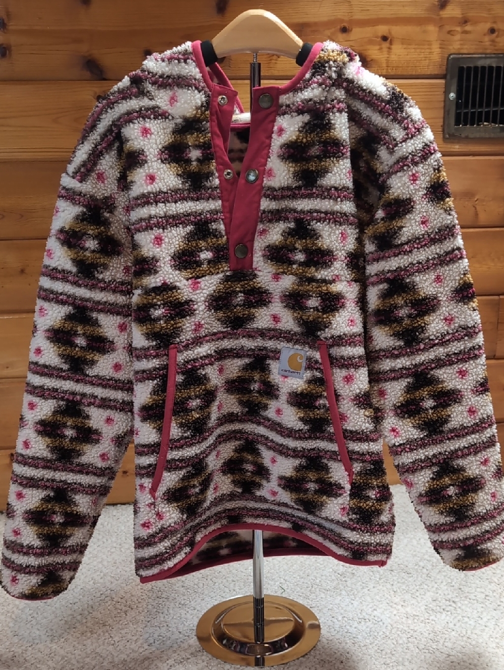 Carhartt Patterned Sherpa Pullover in Cream, Pink & Brown Size 12